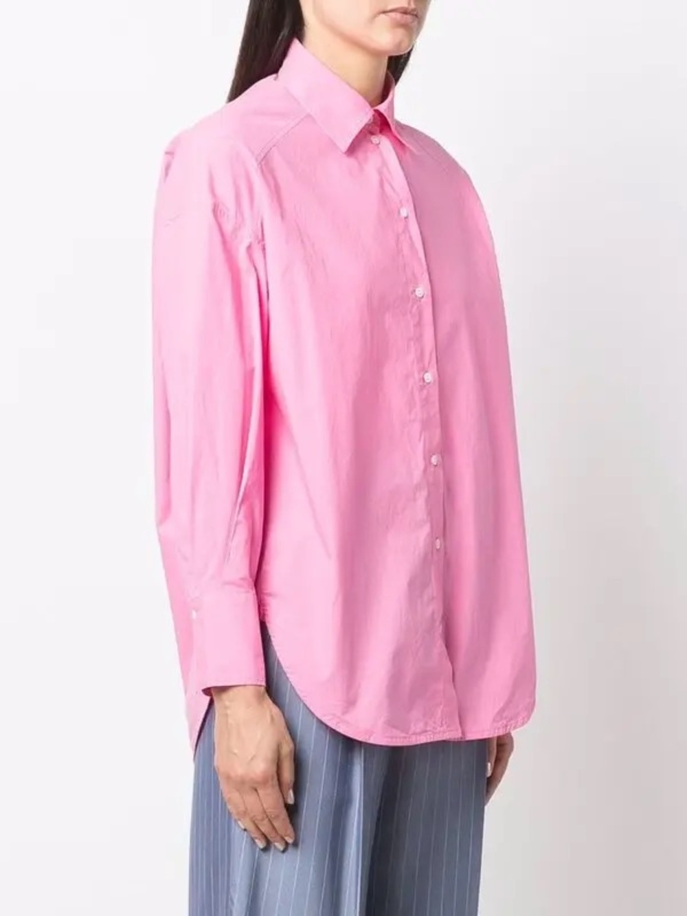 Sandro Pearl Button Long Sleeve Curve Hem Pink Shirt